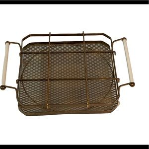Vintage Brass Metal Wire Serving Tray with White Handles